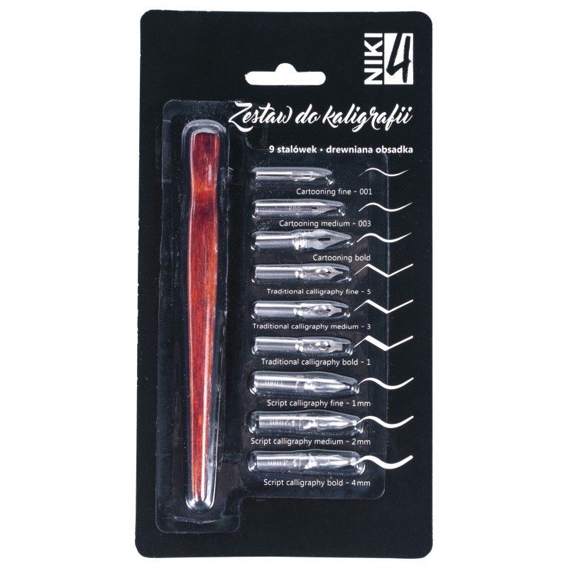 Set toc lemn & 9 penite caligrafie blister